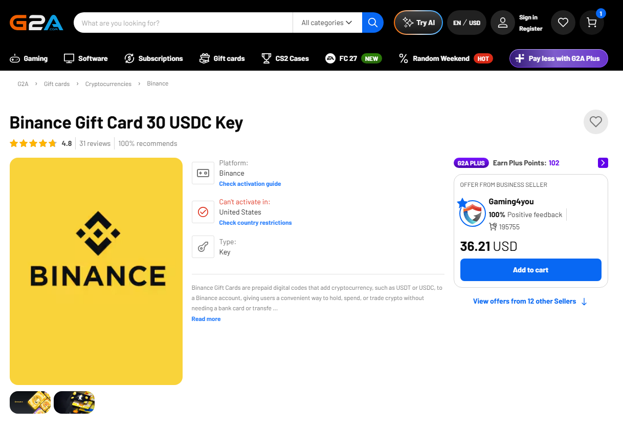 G2A Binance gift card product page showing the Add to cart button